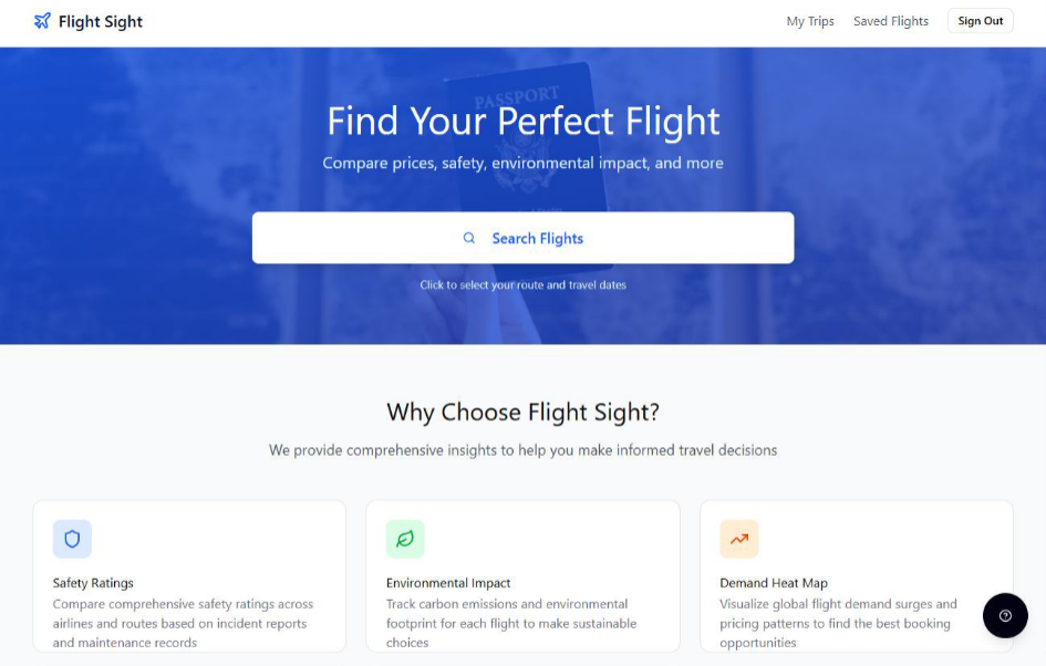 FlightSight homepage with flight search and travel insight sections.